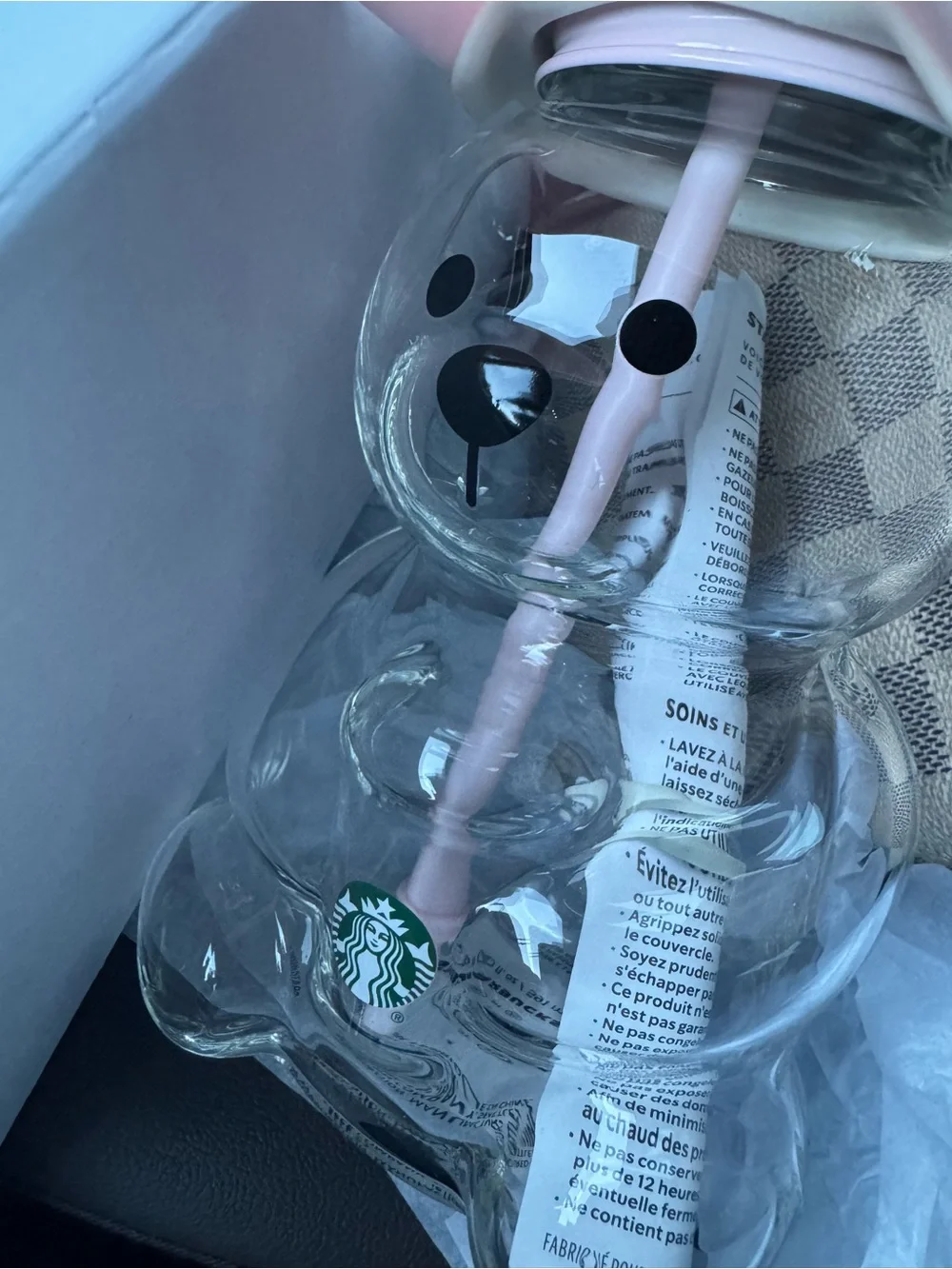 Starbucks Clear Bear Tumbler with Pink Strawberry Hat and Straw